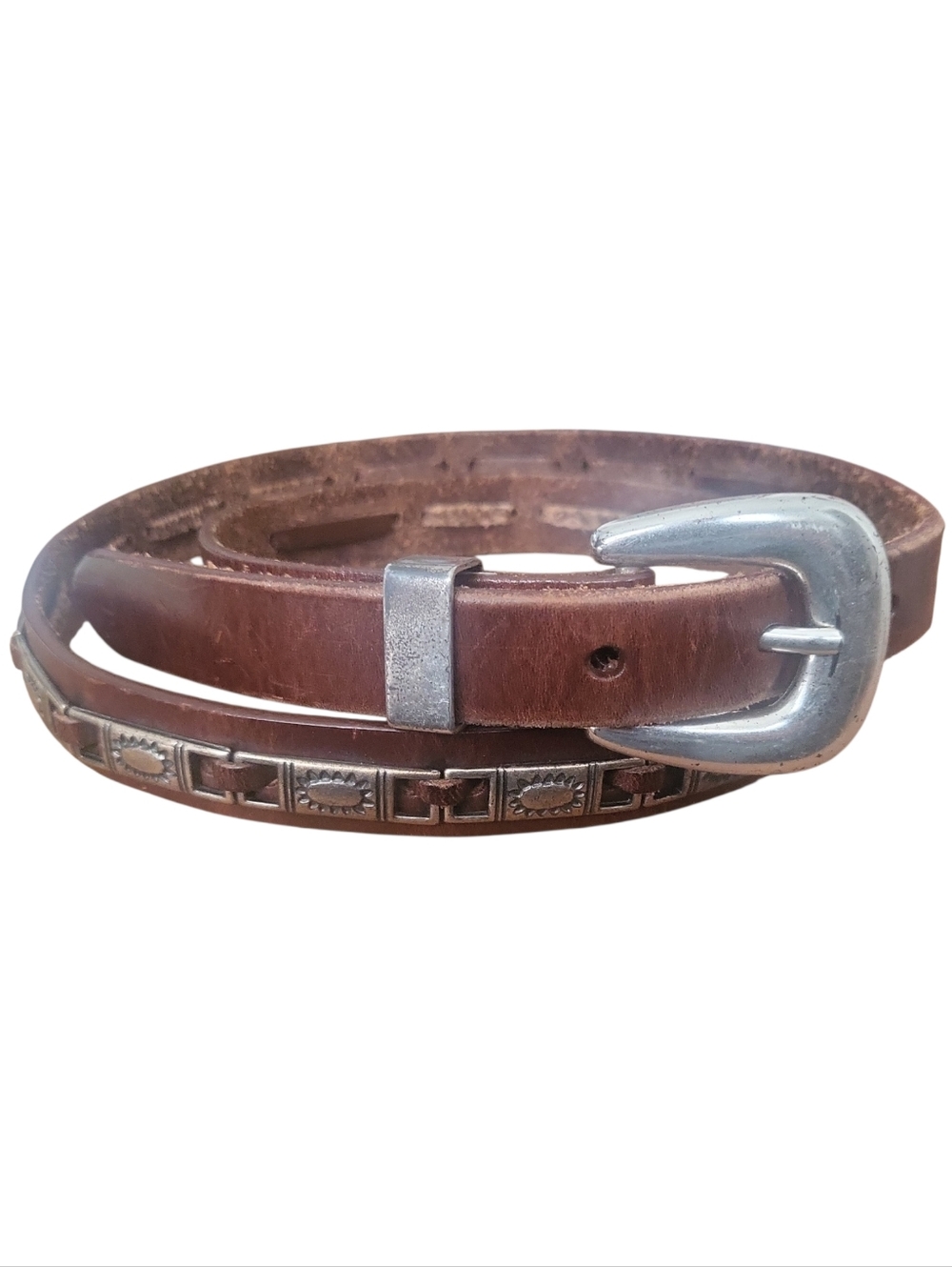 Vintage Fossil Southwestern Brown Genuine Leather Skinny Belt Sz  M/L 32- 36"
